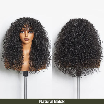 Boho Curly Human Hair Wig with Bangs – Shaggy Layered Waves, Ready to Wear