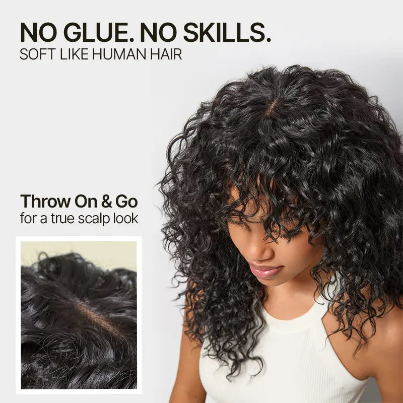 Boho Curly Human Hair Wig with Bangs – Shaggy Layered Waves, Ready to Wear