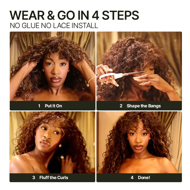Boho Curly Human Hair Wig with Bangs – Shaggy Layered Waves, Ready to Wear