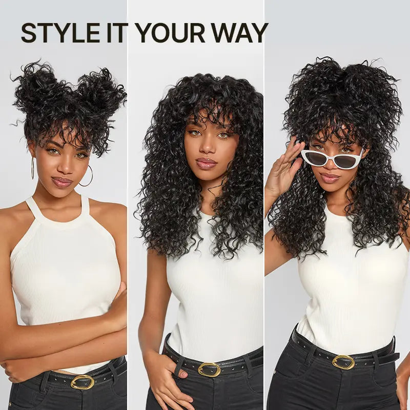 Boho Curly Human Hair Wig with Bangs – Shaggy Layered Waves, Ready to Wear
