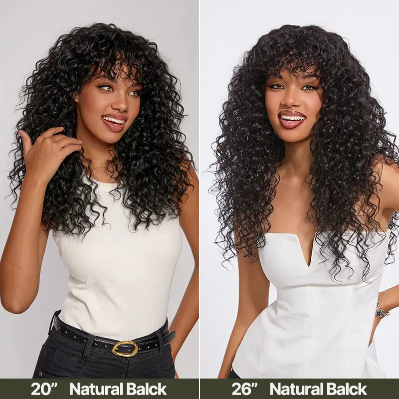 Boho Curly Human Hair Wig with Bangs – Shaggy Layered Waves, Ready to Wear