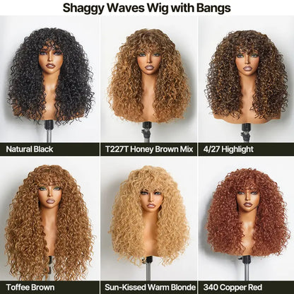 Boho Curly Human Hair Wig with Bangs – Shaggy Layered Waves, Ready to Wear