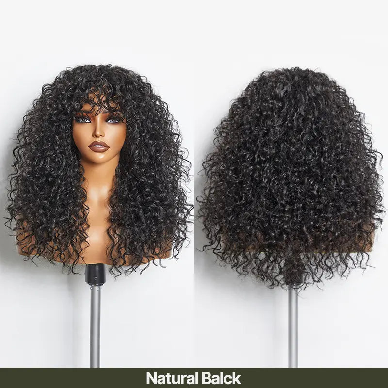 Boho Curly Human Hair Wig with Bangs – Shaggy Layered Waves, Ready to Wear