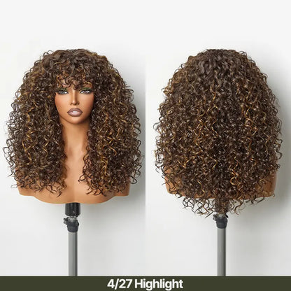 Boho Curly Human Hair Wig with Bangs – Shaggy Layered Waves, Ready to Wear