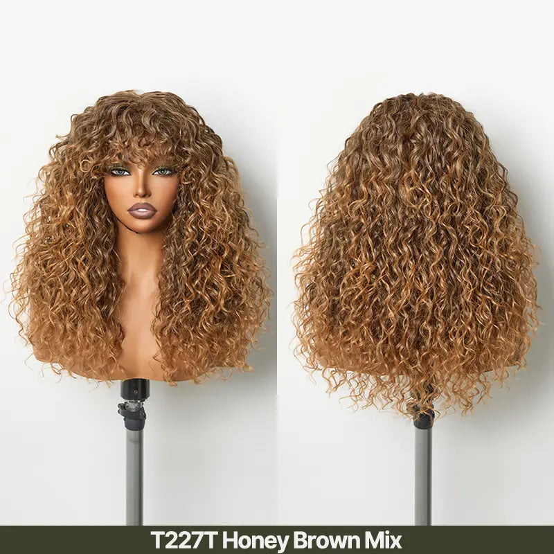 Boho Curly Human Hair Wig with Bangs – Shaggy Layered Waves, Ready to Wear