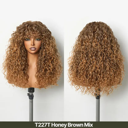 Boho Curly Human Hair Wig with Bangs – Shaggy Layered Waves, Ready to Wear