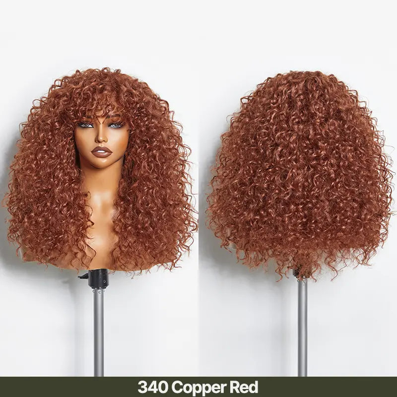 Boho Curly Human Hair Wig with Bangs – Shaggy Layered Waves, Ready to Wear