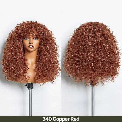 Boho Curly Human Hair Wig with Bangs – Shaggy Layered Waves, Ready to Wear