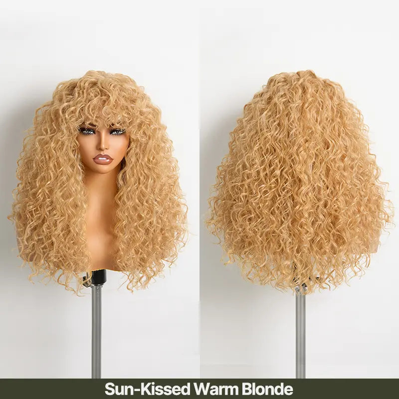Boho Curly Human Hair Wig with Bangs – Shaggy Layered Waves, Ready to Wear