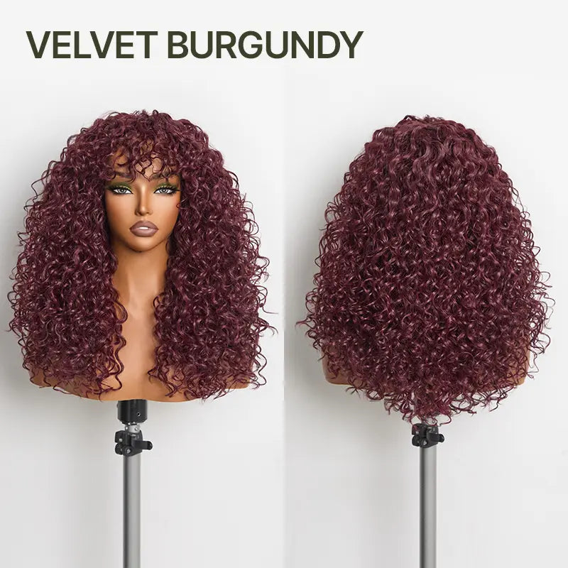 Boho Curly Human Hair Wig with Bangs – Shaggy Layered Waves, Ready to Wear